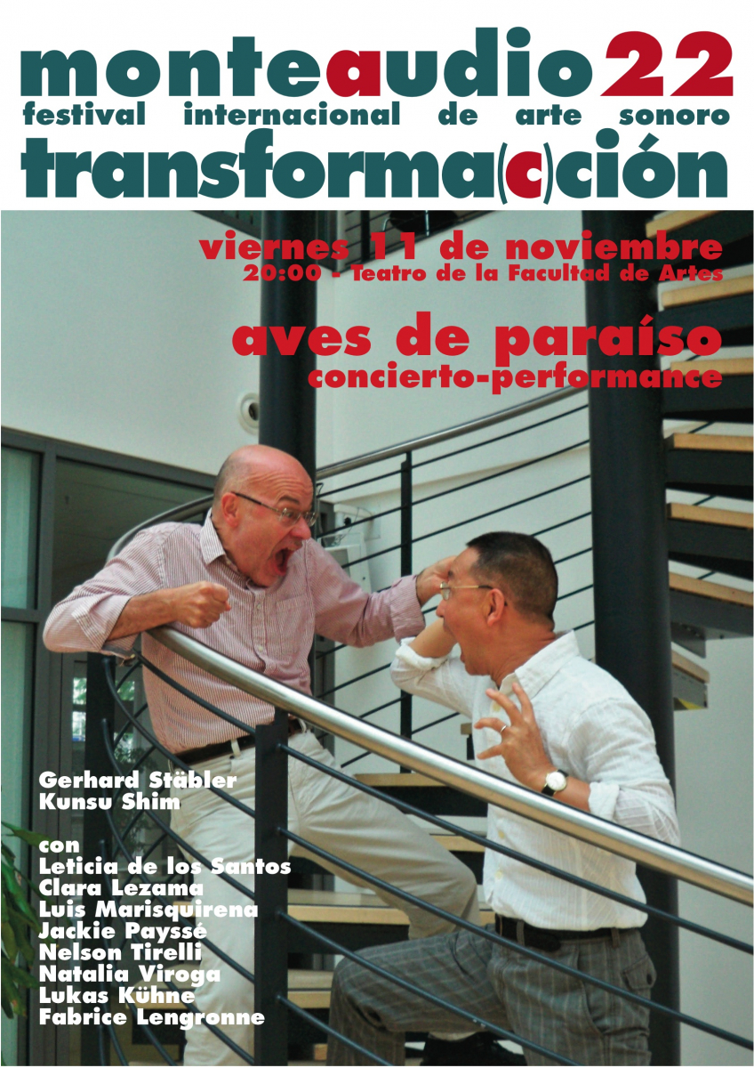 Afiche de difusión con fotografía de dos personas simulando una pelea en una escalera caracol y texto sobreimpreso: monteaudio 22 Festival internacional de arte sonoro transformacción. Viernes 11/11, 20 h. Facultad de Artes