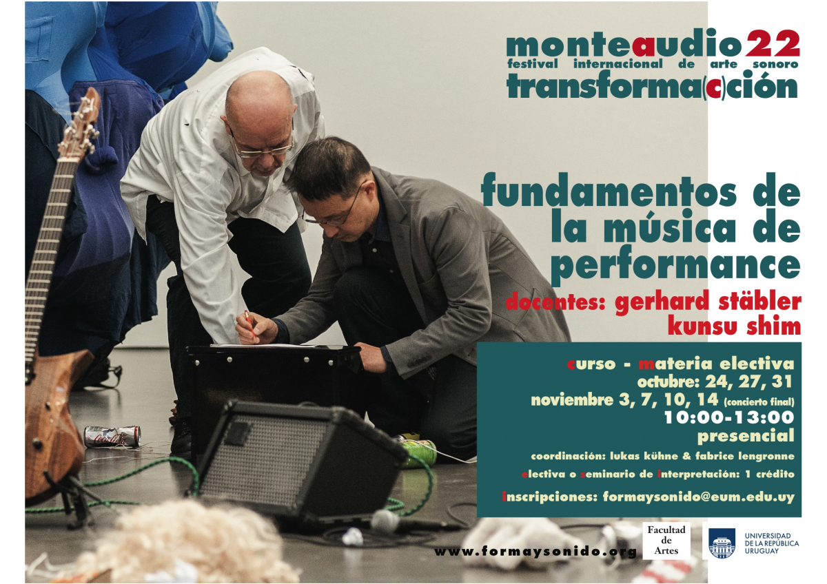 Afiche: Imagen de dos personas en escena con amplificador e instrumentos, a la derecha texto sobreimpreso: Inscripciones abiertas. Electiva Fundamentos de la música de performance. 24, 27 y 31 de octubre y 3, 7, 10 y 14 de noviembre