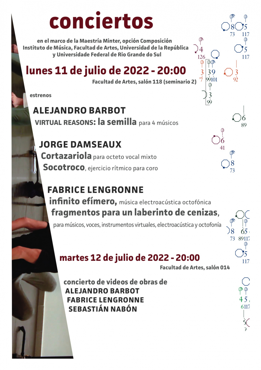 Afiche Conciertos de obras compuestas en el marco del MINTER. Lunes 11 y martes 12 de julio, Facultad de Artes
