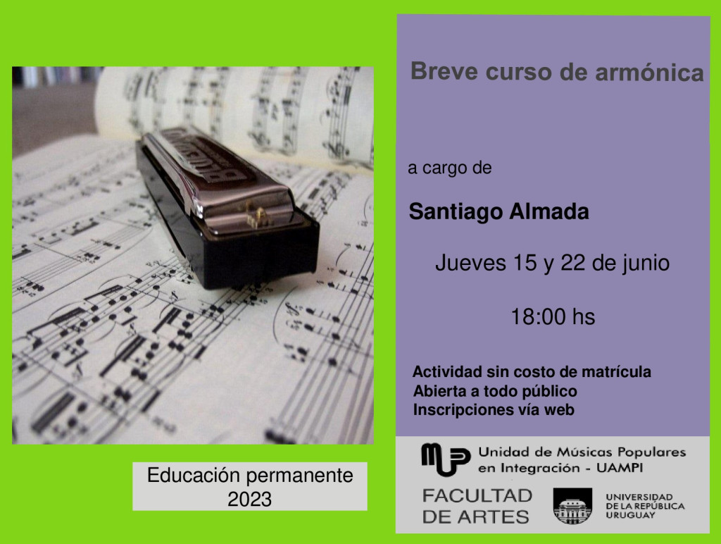 Imagen de armónica sobre pentagrama. Texto sobreimpreso: Breve curso de armónica a cargo de Santiago Almada, jueves 15 y 22 de junio, 18 h.