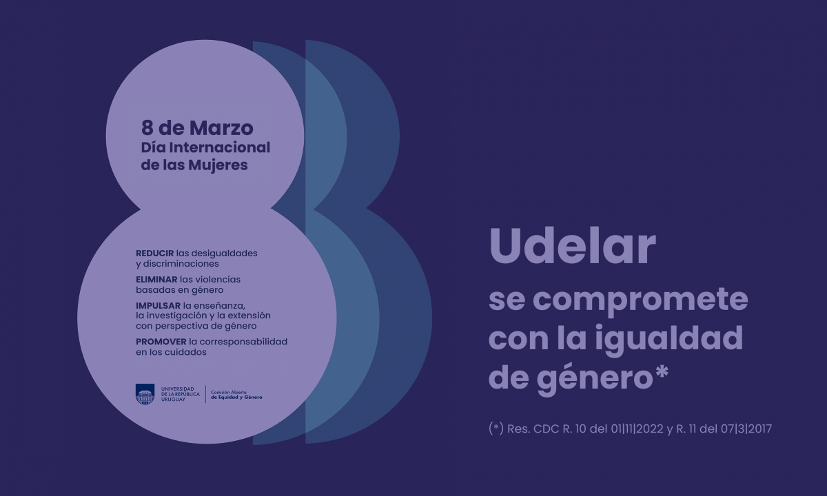 Banner con fondo violeta y texto sobreimpreso: 8 de marzo Día internacional de las mujeres. Udelar se compromete con la igualdad de género. Resolución del CDC R. 10 del 01.11.22 y R.11 del 7.03.2017