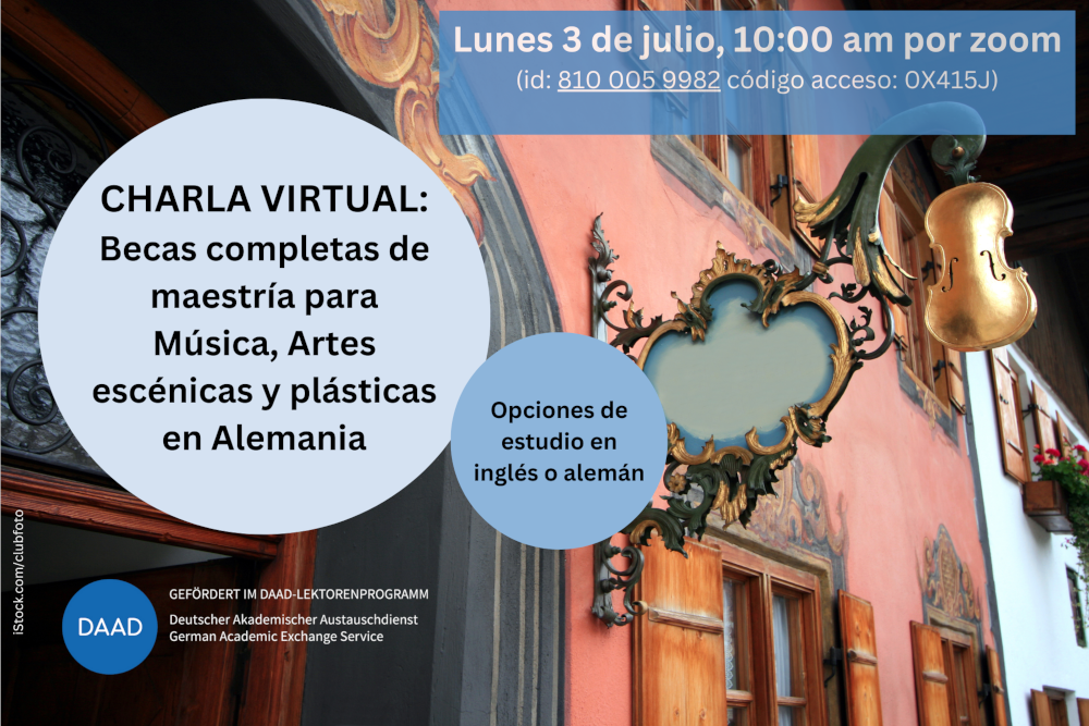 Imagen de fondo de calle eurpoea. con texto sobreimpreso: Charla virtual: Becas completas de maestría para Música, Artes escénicas y plásticas en Alemania. Opciones de estudio en inglés y alemán. lunes 3 de julio, 10.00 h. zoom