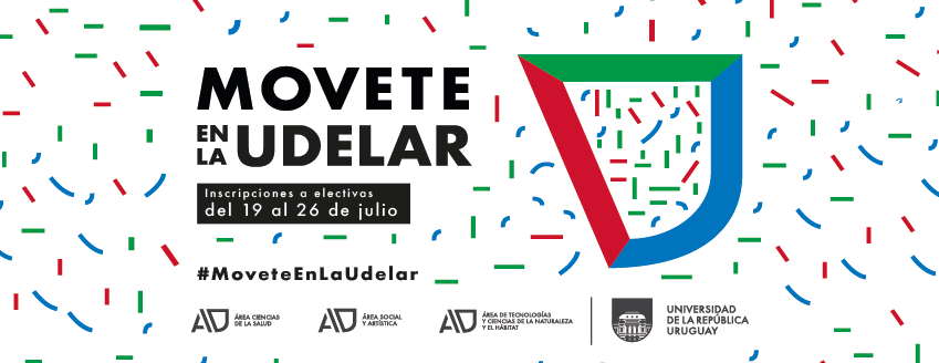 Banner de Movete en la Udelar, inscripciones a electivas del 19 al 26 de julio. Logos de las áreas de la Udelar. 