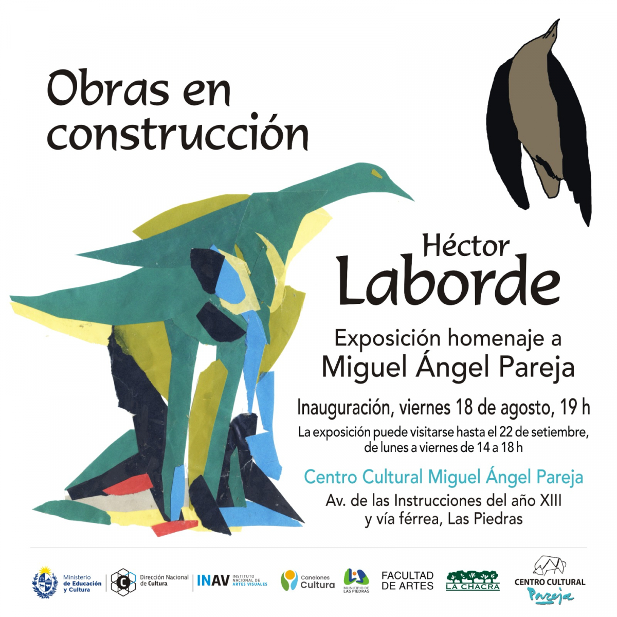 Invitación con imágenes de obra pictórica. Texto sobre fondo blanco: Héctor Laborde exposición homenaje a Miguel Ángel Pareja. Inauguración viernes 18 de agosto, 19 h. Centro Cultural Pareja. 