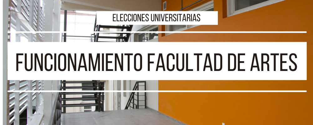 Interior edificio Facultad de Artes, local de 18 de julio. Texto sobreimpreso: Elecciones UNiversitarias. Funcionamiento Facultad de Artes