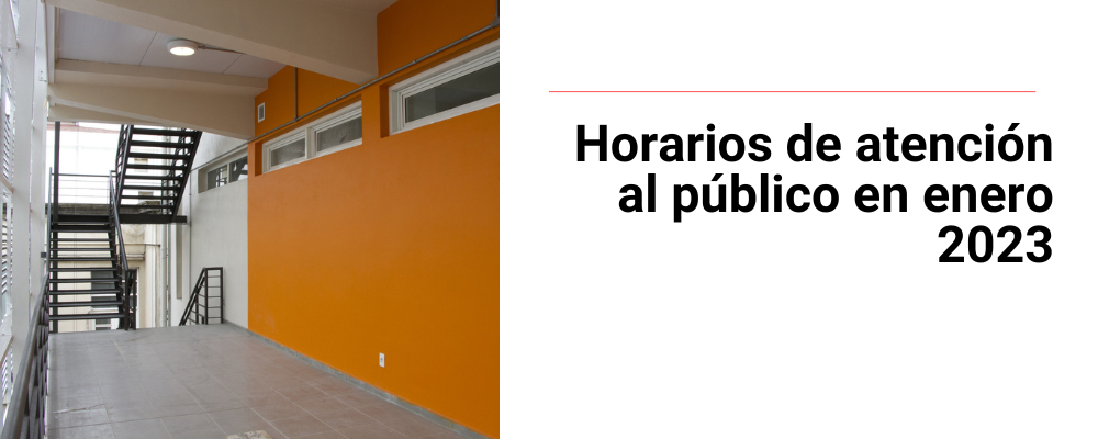Imagen de escalera interior al edificio de Facultad de Artes ubicado en 18 de Julio, con pared pintada de amarillo. A la derecha texto sobreimpreso: Horarios de atención al público enero 2023
