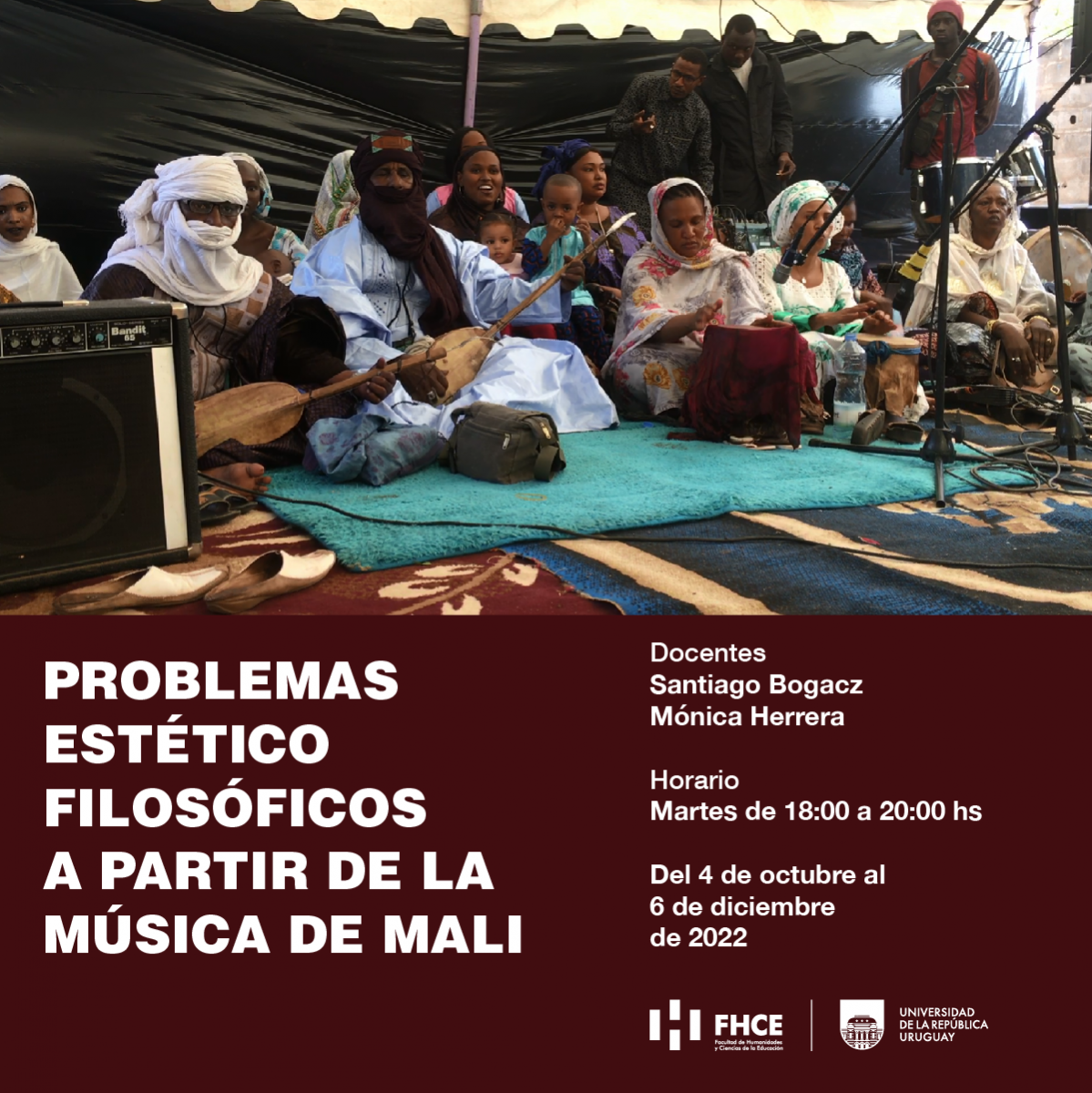 Imagen de difusión del curso de EP con texto sobre impreso: Problemas estético filosófico a partir de la música de Mali