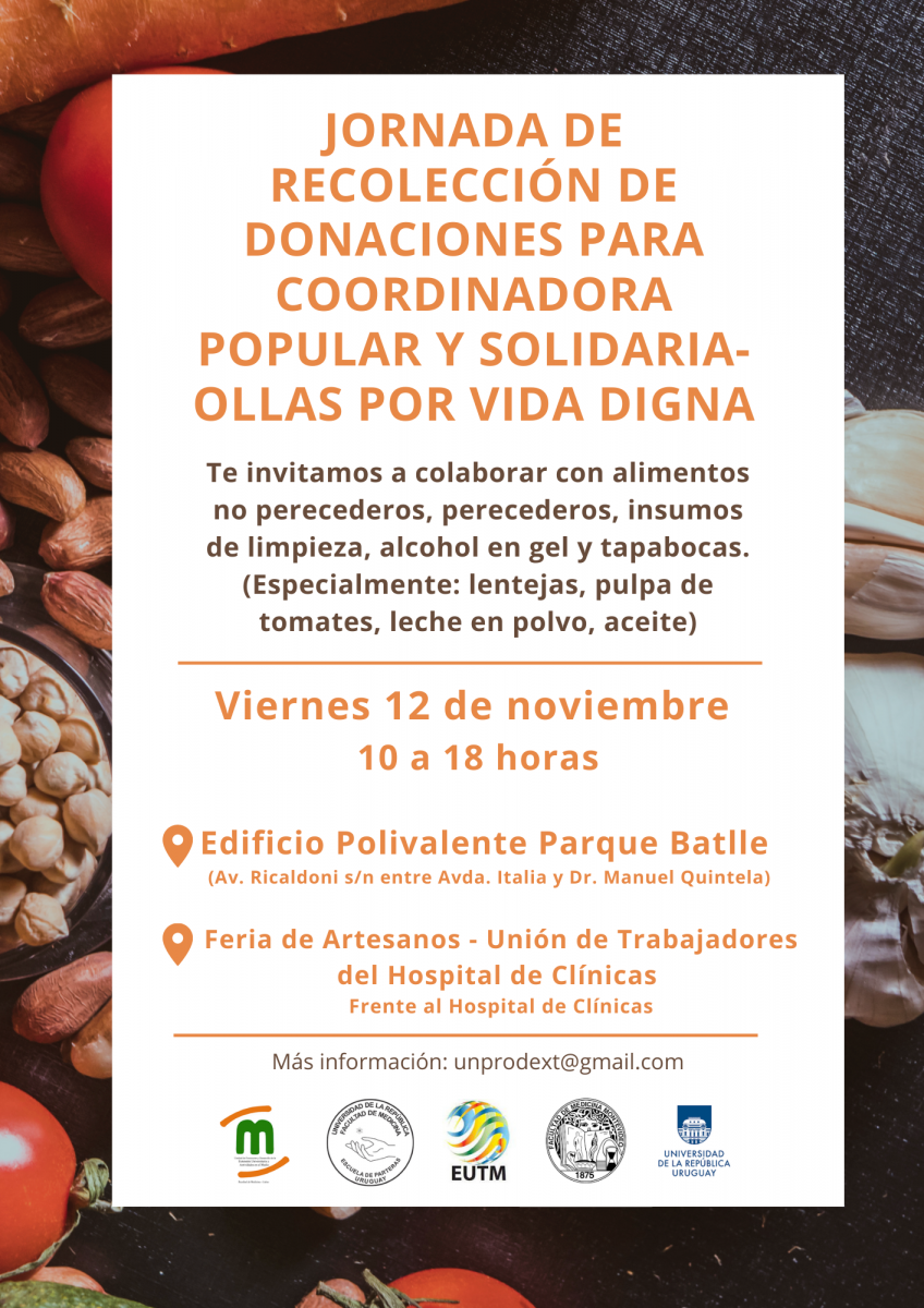 Afiche de difusión "Te invitamos a colaborar con Alimentos no perecederos, perecederos, artículos de limpieza, alcohol en gel, tapabocas pero especialmente lentejas, leche en polvo, pulpa de tomates, aceite.Viernes 12 de noviembre, 10 a 18