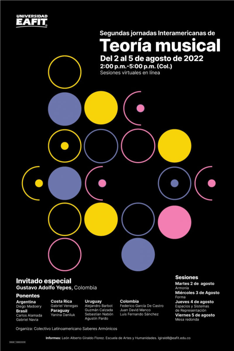Afiche de difusión jornadas interamericanas de teoría musical. Fondo negro con letras en blanco y círculos y semicírculos en color amarillo, lila y rosa. 