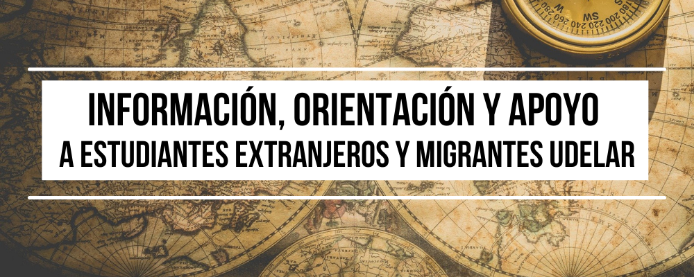 Imagen de mapamundi estilo vintage, con texto sobreimpreso: "información, orientación y apoyo a estudiantes extranjeros y migrantes Udelar"