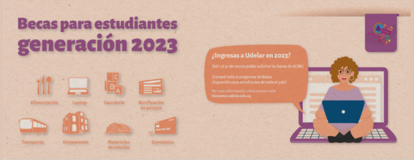 Imagen ilustración de chica con laptop y burbuja de comic: "¿Ingresás a la Udelar en 2023? Del 1 al 31 de marzo podés solicitar las becas SCIBU. ¡Conocé todo el programa de becas disponible para estudiantes de todo el país!  bienestar.udelar.edu.uy