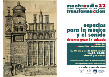 Afiche del curso, con imagen de construcción con símbolos matemáticos y musicales. Festival de Arte Sonoro Monteaudio.